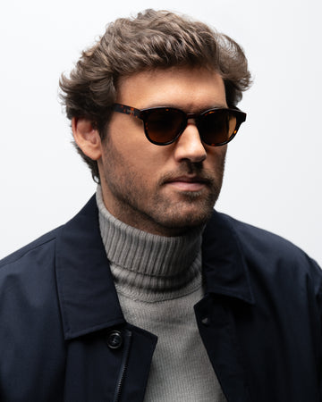 Milo Havana round acetate sunglasses brown lenses man wearing